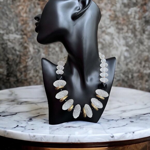 Necklace Matte Clear White faceted beads & balls, black & gold tone beaded 16” - Picture 2 of 6